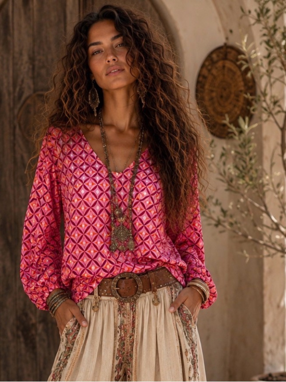 Summer 10 Bohemian Pink Geometric V-Neck Long Sleeve Blouse Medium